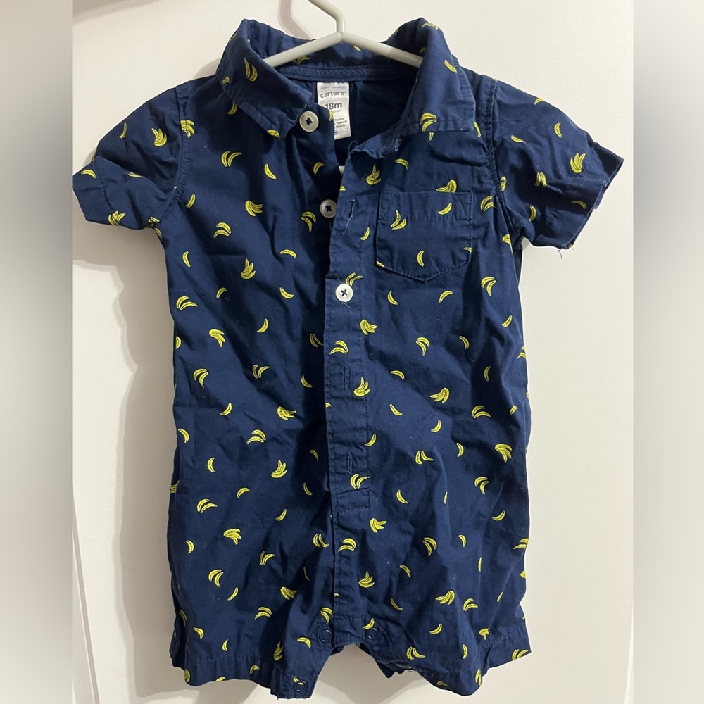 Navy Banana Print Button-Up Romper Size 18 month
